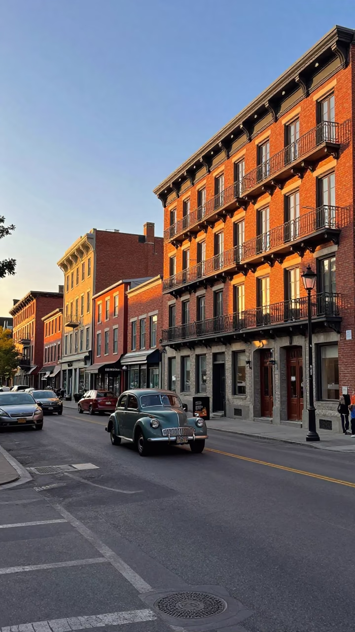 Montreal Sunset Street Scene with Vintage Car and Urban Architecture in Quebec in in Montreal, Quebec, Canada