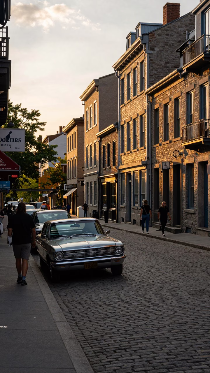 Montreal Sunset Street Scene with Vintage Cars and Pedestrians Near Old Port in in Montreal, Quebec, Canada