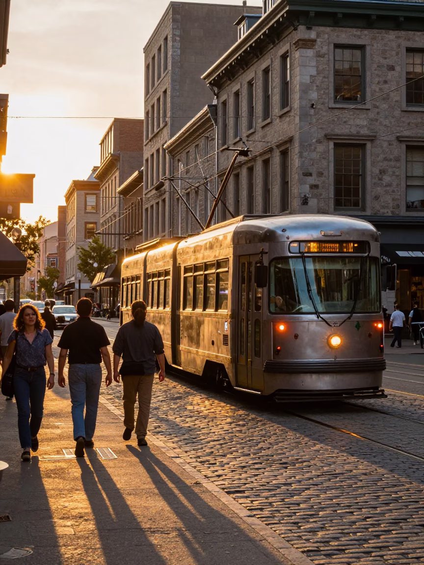 Montreal Sunset Street Scene with Vintage Tram and Art Nouveau Architecture in Quebec in in Montreal, Quebec, Canada