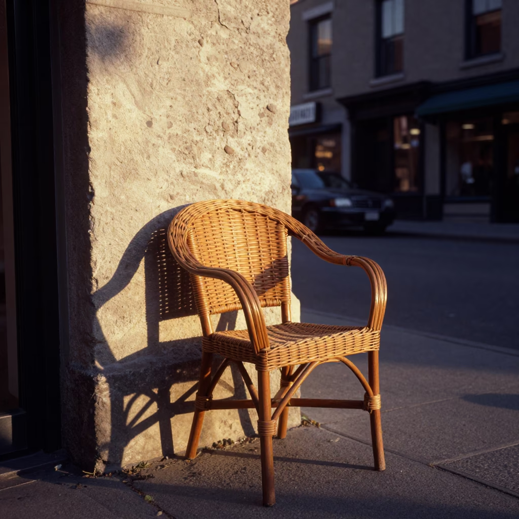 Montreal Sunset Street Scene with Wicker Chair and Wall Sconce in in Montreal, Quebec, Canada