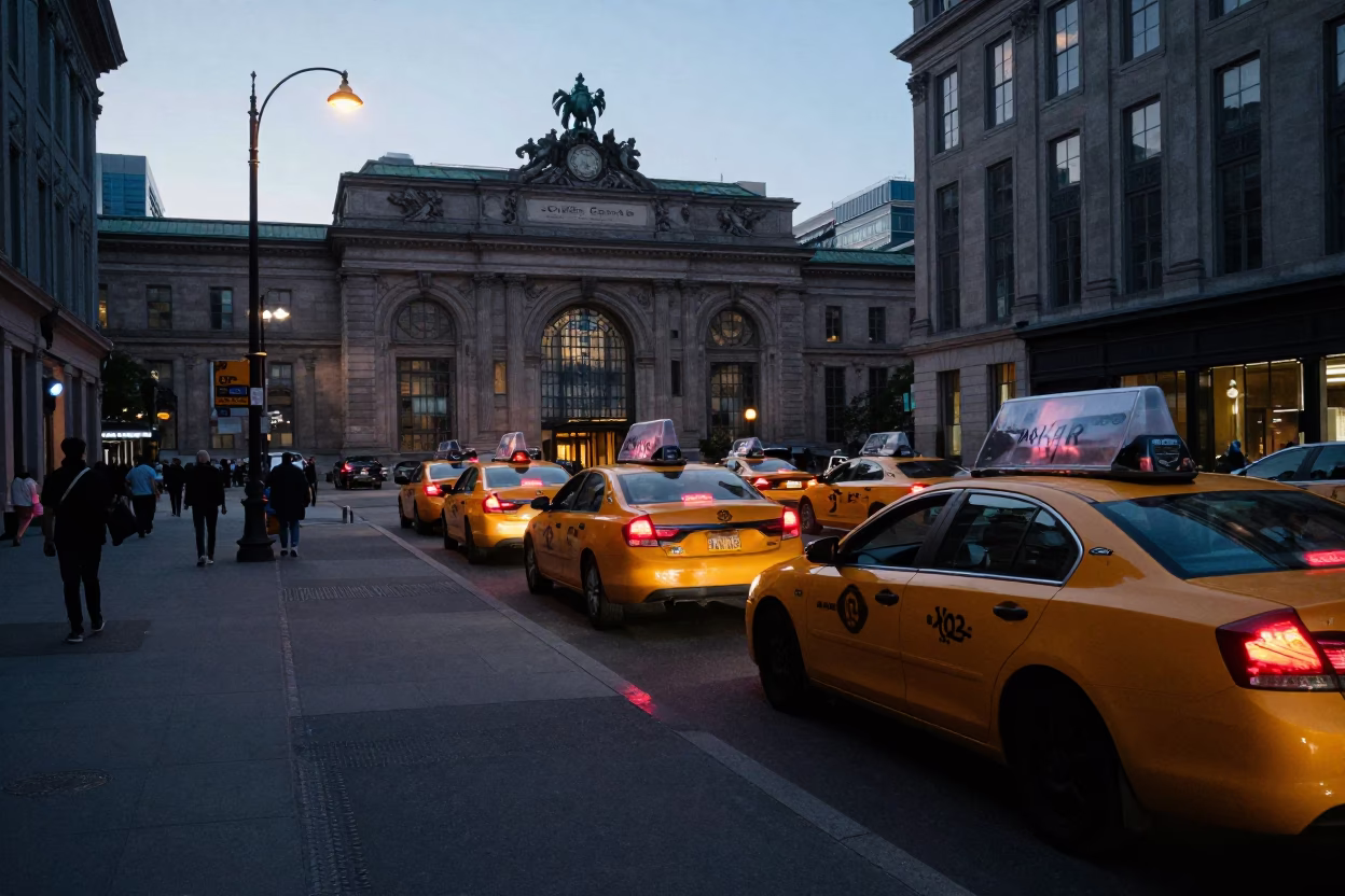 Montreal Taxi Rank Outside Gare Centrale at Twilight with Commuters and Yellow Cabs in in Montreal, Quebec, Canada