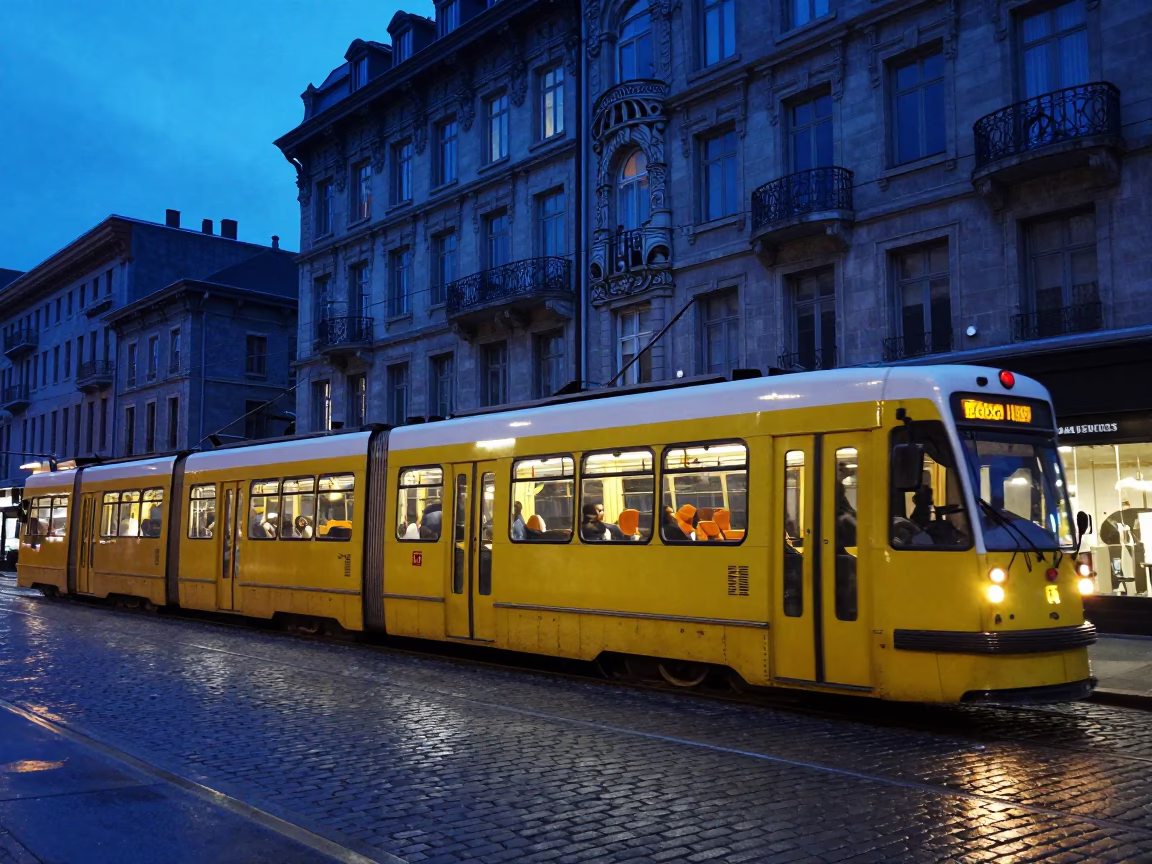 Montreal Tram Rattling Past Art Nouveau Facades in Indigo Twilight in in Montreal, Quebec, Canada