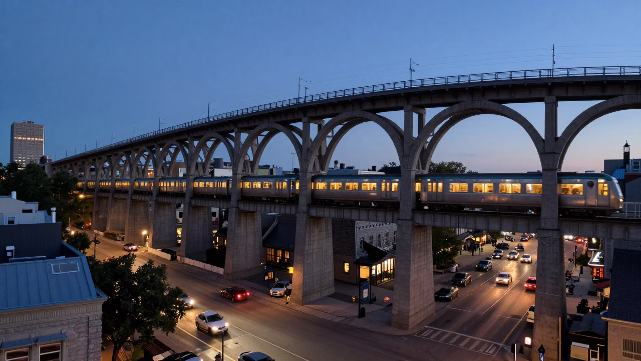 Montreal Twilight Railway Viaduct Arching Over Busy Street with Train Passing in in Montreal, Quebec, Canada