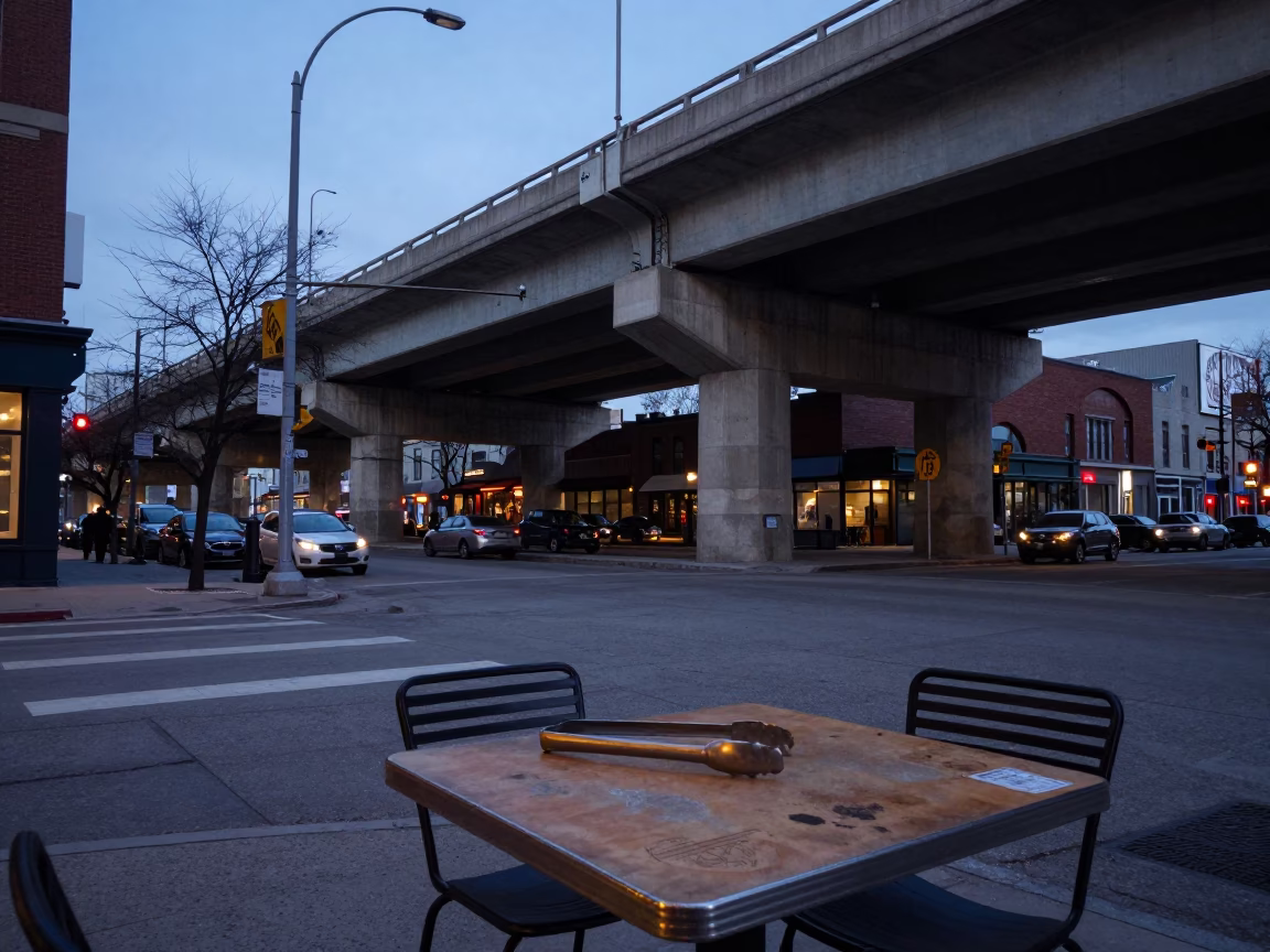 Montreal Twilight Street Scene with Highway Flyover Stack and Ice Tongs on Table in in Montreal, Quebec, Canada
