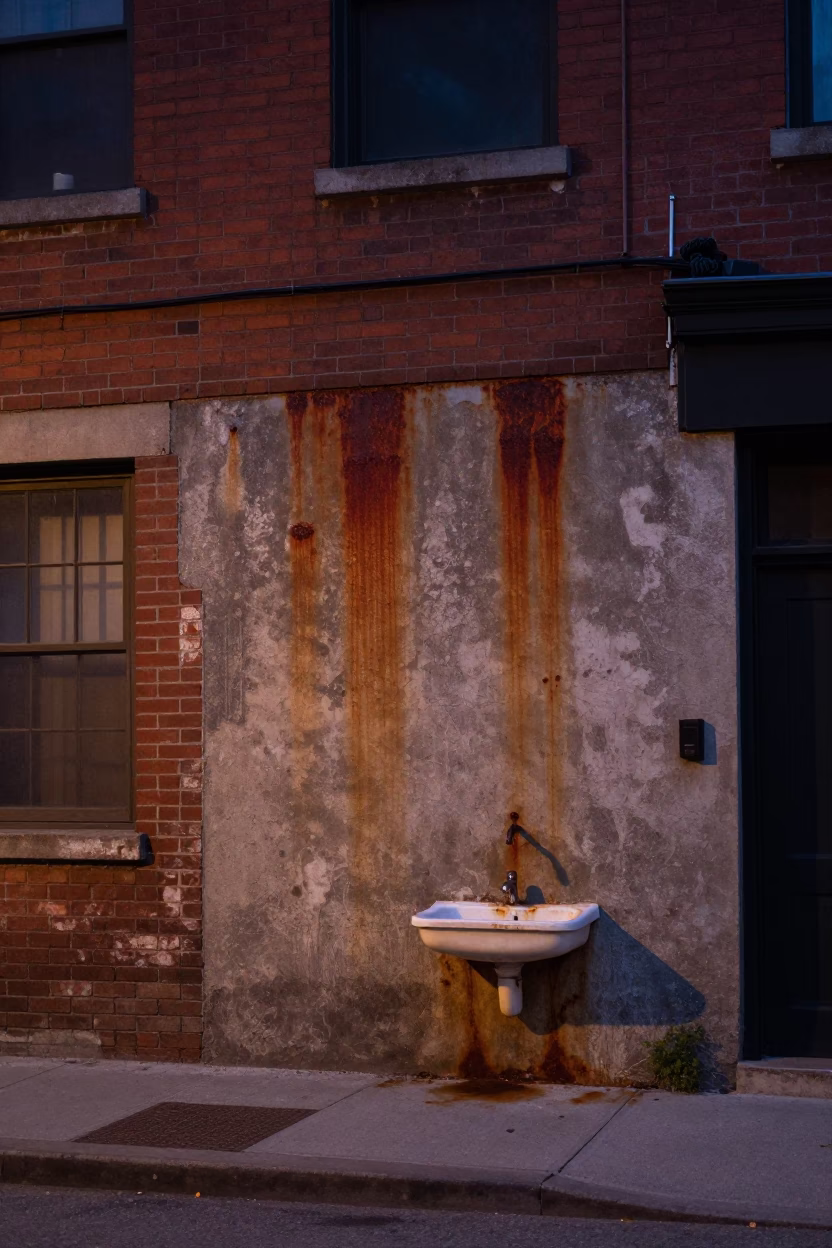 Montreal Twilight Street Scene with Rusty Walls and Concrete Seams in in Montreal, Quebec, Canada