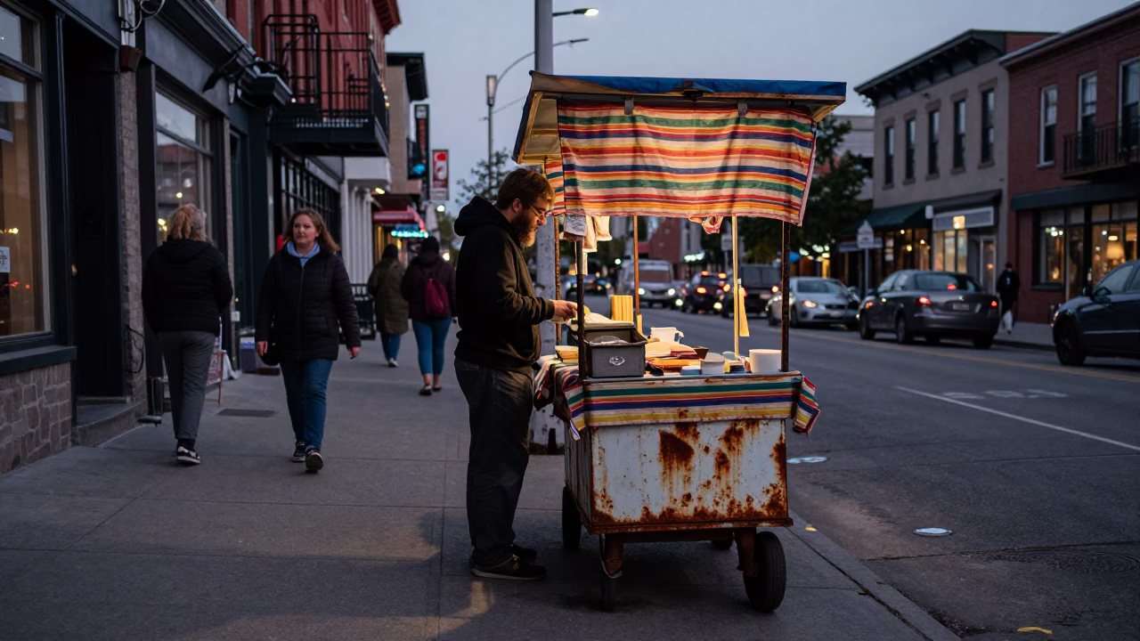 Montreal Twilight Street Scene with Striped Fabric and Rusty Details in in Montreal, Quebec, Canada