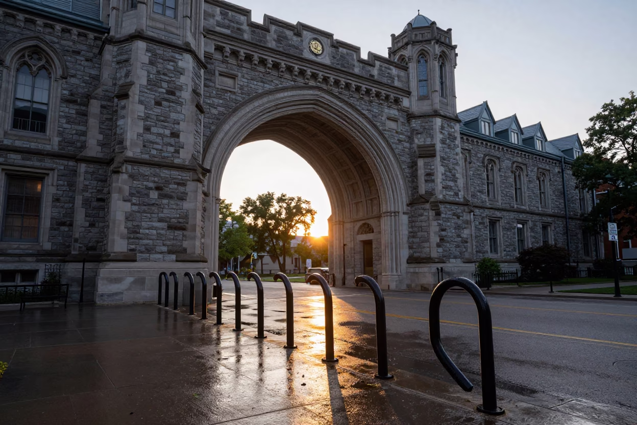 Montreal University Archway Framing Wet Campus Bicycle Rack at Sunset in in Montreal, Quebec, Canada