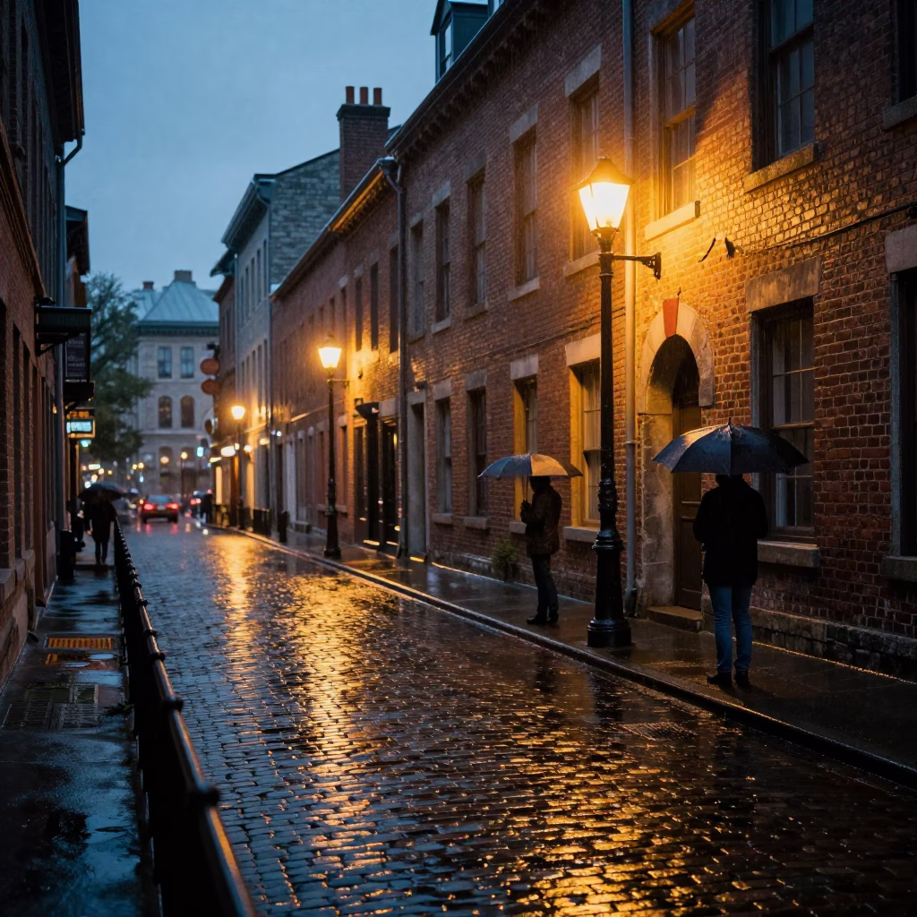 Montreal Urban Night Scene with Rainy Railings and Umbrellas in Predawn Darkness in in Montreal, Quebec, Canada