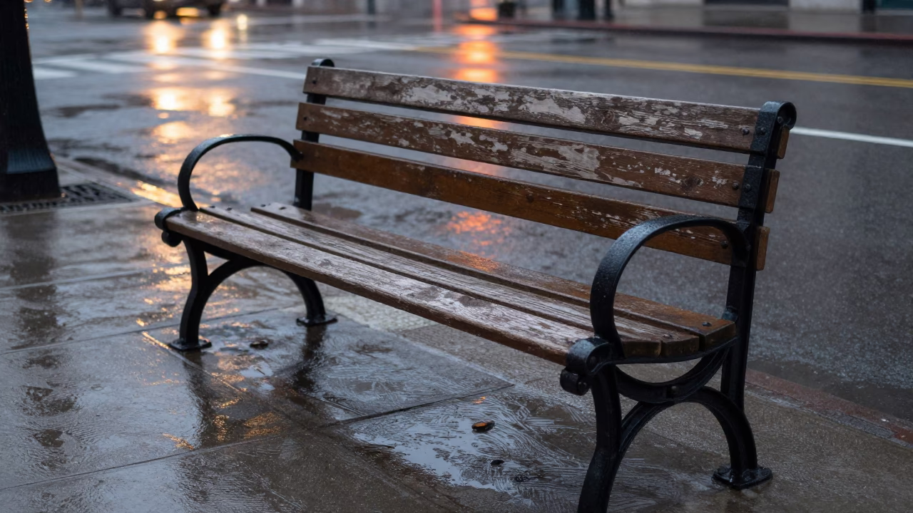 Montreal Weathered Wooden Park Bench in in Montreal, Canada