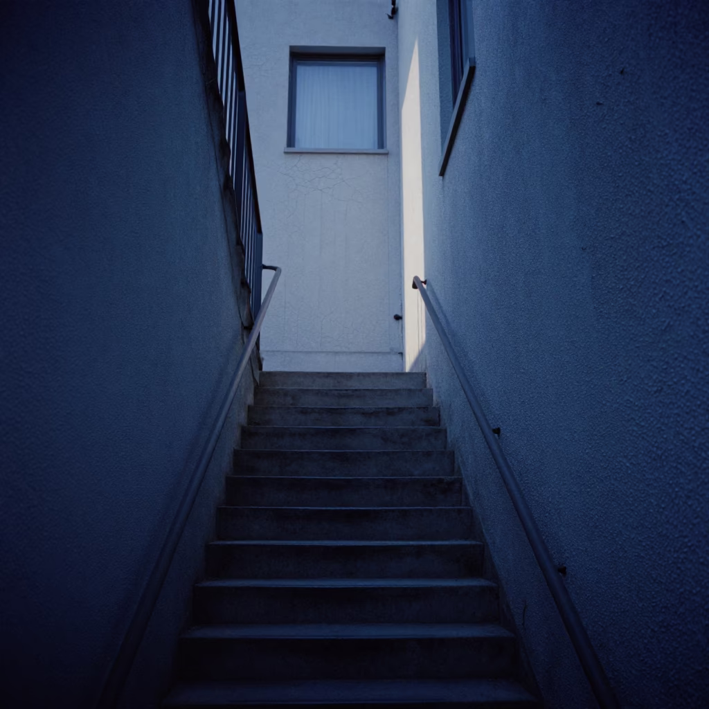 Montreal Winter Morning Stairwell with Cracked Stucco and Steel Hinge in Predawn Light in in Montreal, Quebec, Canada