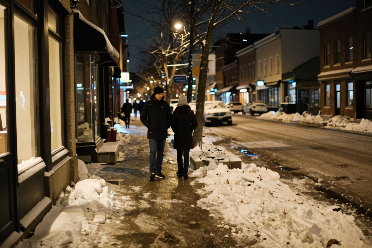 Montreal Winter Night Street Scene with Snowy Sidewalk and Illuminated Shop Windows in in Montreal, Quebec, Canada