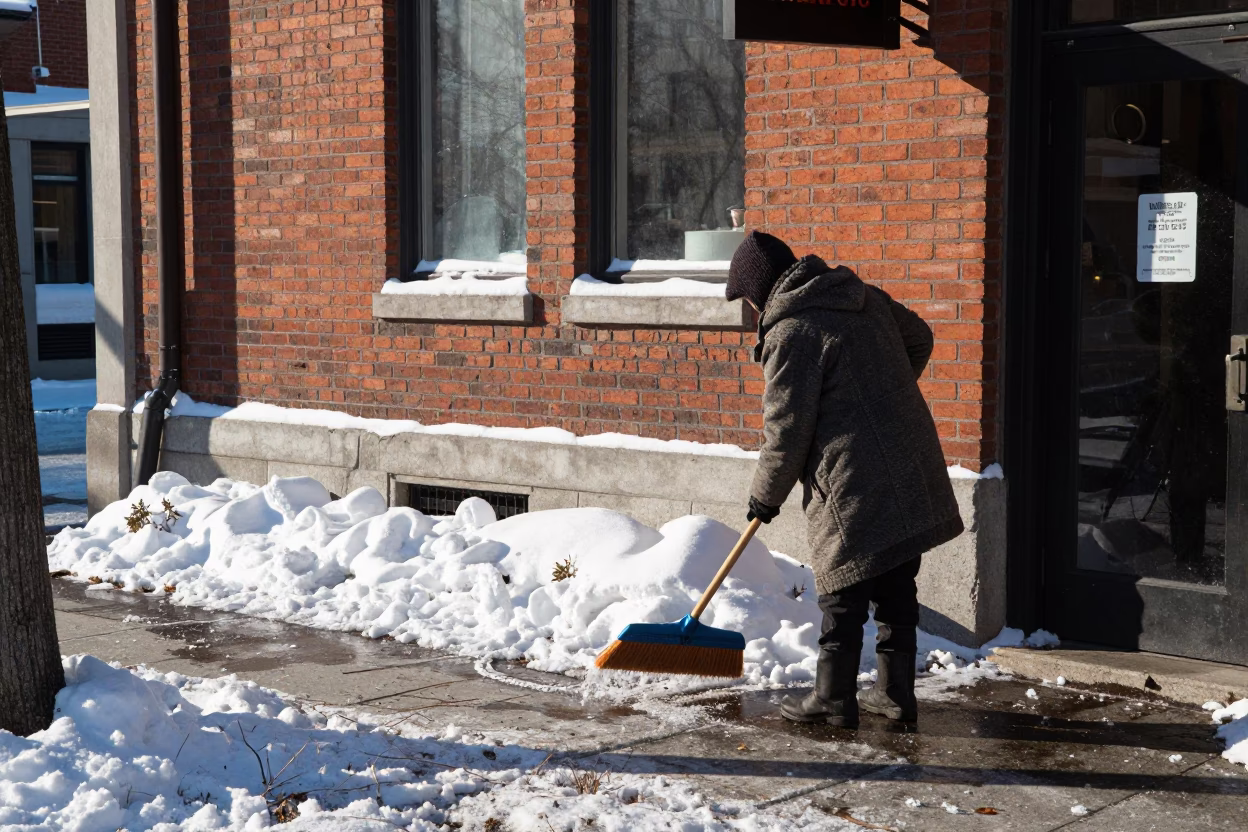 Montreal Winter Noon Shopkeeper Sweeping Snow Outside Brick Building in in Montreal, Quebec, Canada