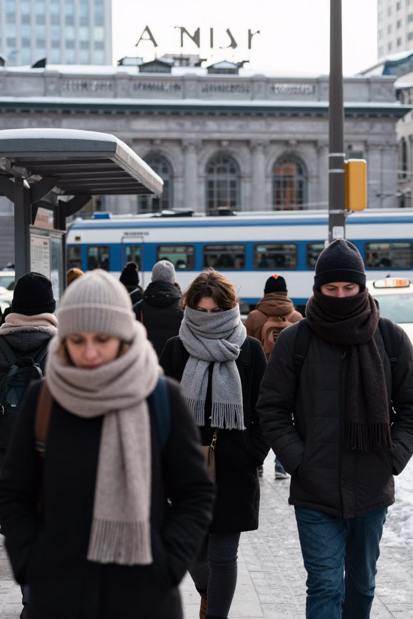 Montreal Winter Scene with Wool Scarves and Taxi Rank Outside Train Station in in Montreal, Quebec, Canada