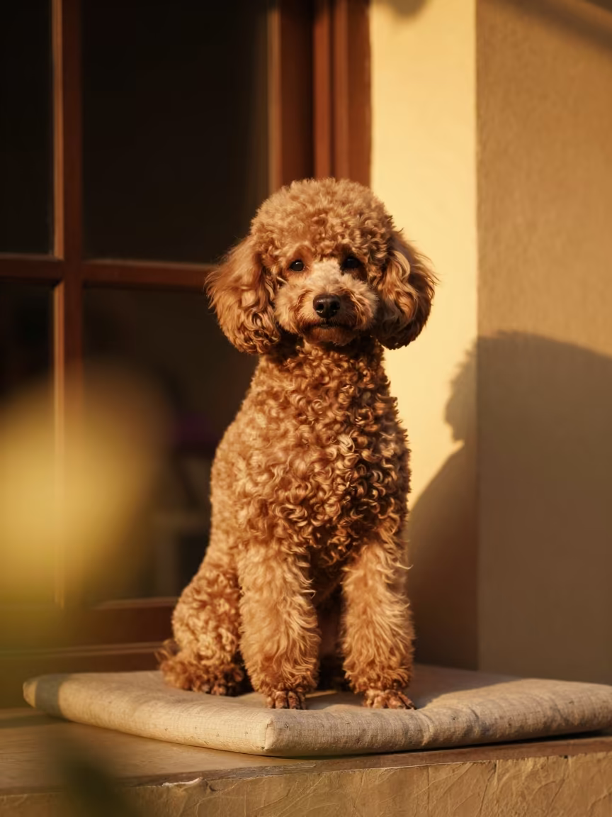 Monywa Poodle Portrait on Window Seat in on a cushioned window seat with soft side light and an uncluttered background near Monywa
