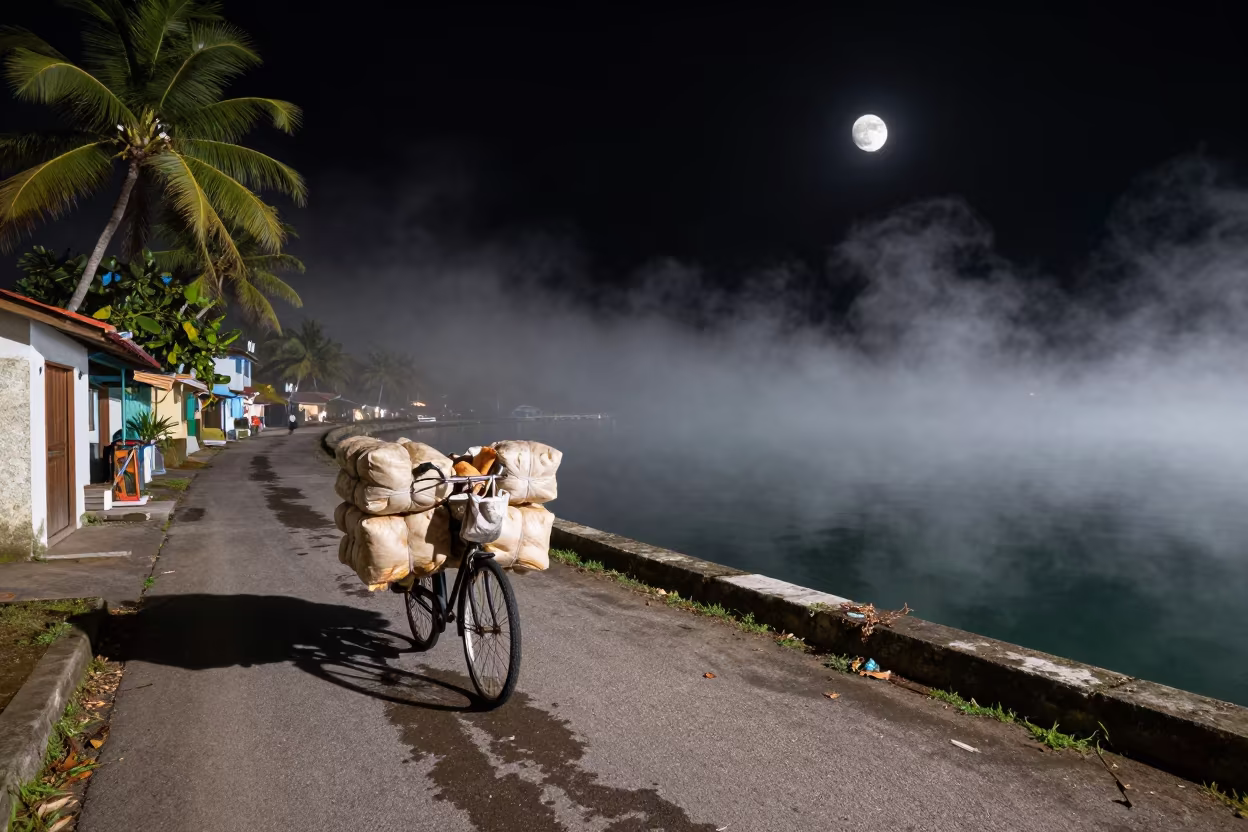 Moon Bicycle with Bread in Foggy Harbor Lane in beside a fogbound harbor mouth near Lanzhou