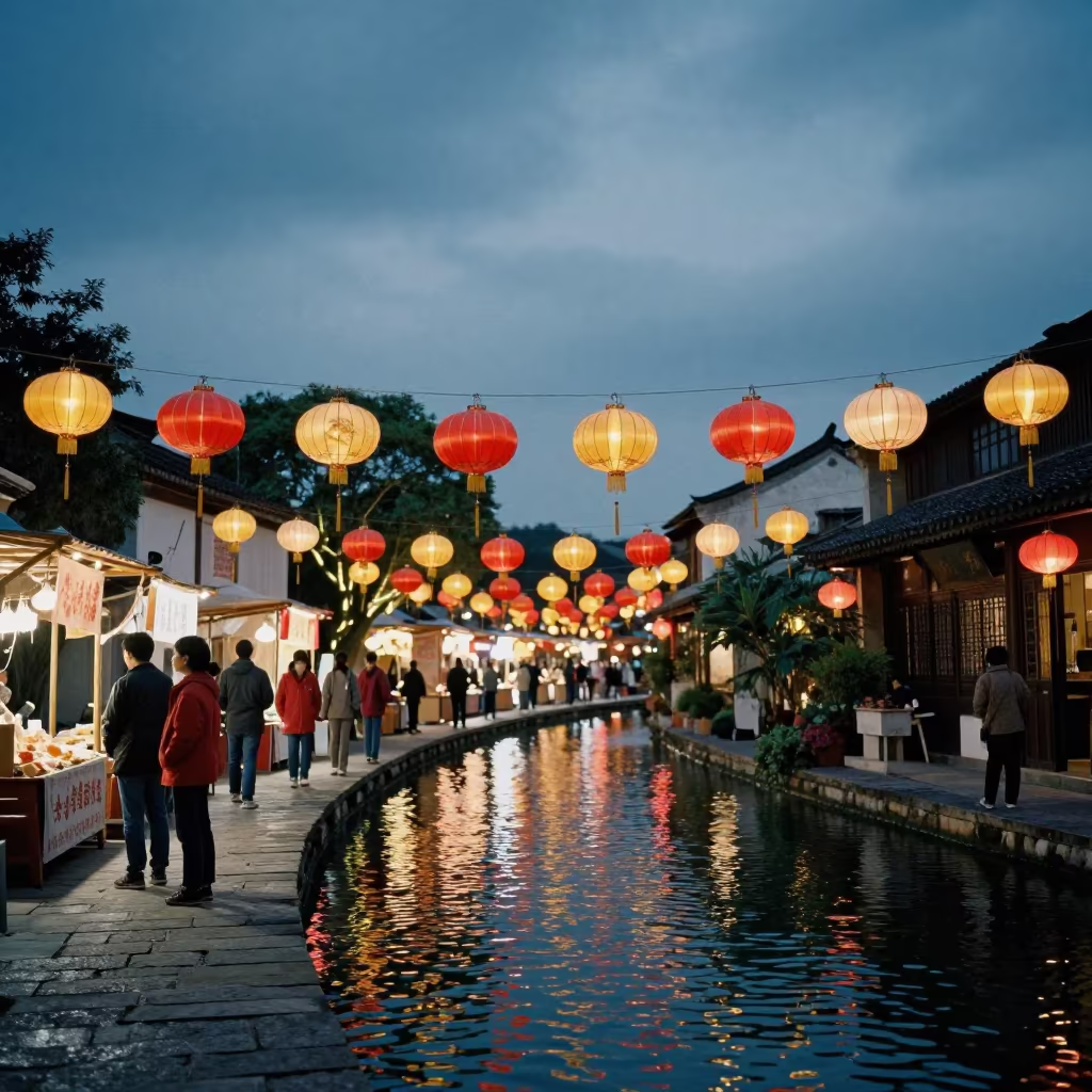 Moon Festival Lanterns Glow Over Night Market Water in at a night market near Phoenix