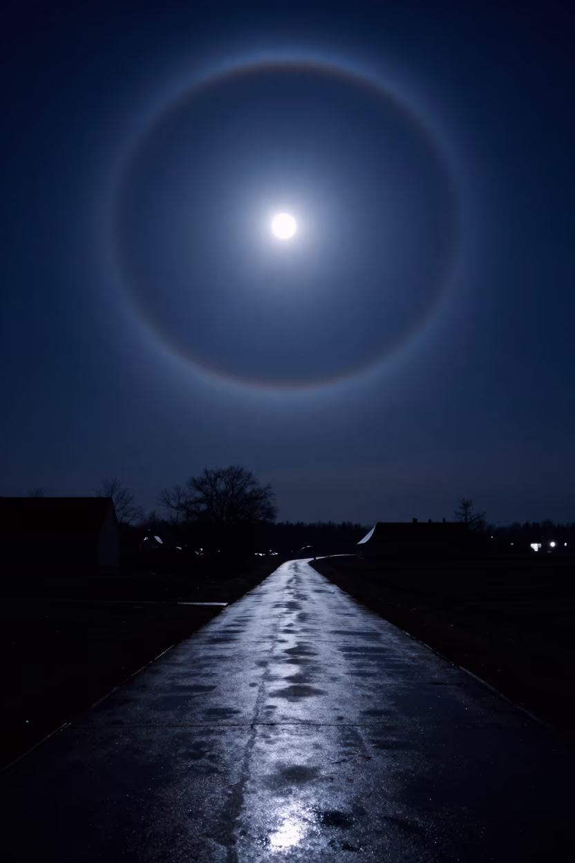 Moon Halo Over Saly Wet Pavement Night in under the clearest stretch of sky near Saly