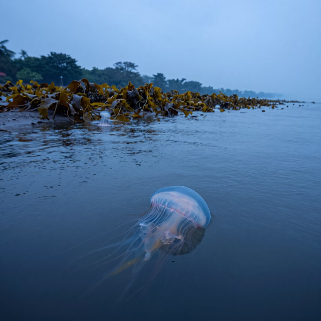 Moon Jellyfish Bloom in Colaba Twilight Waters in along a kelp-fringed shelf near Colaba, Mumbai
