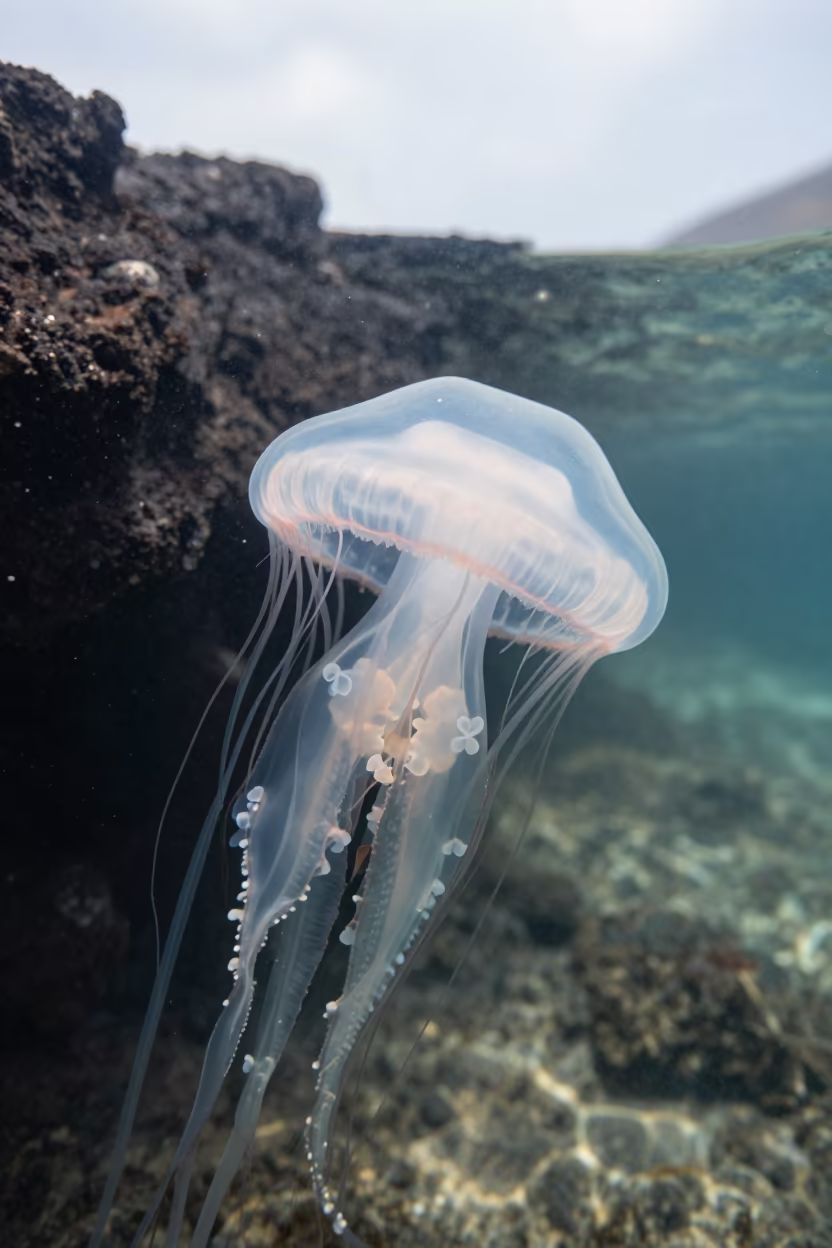 Moon Jellyfish Bloom in Greek Volcanic Waters in beside a volcanic drop-off in Greece