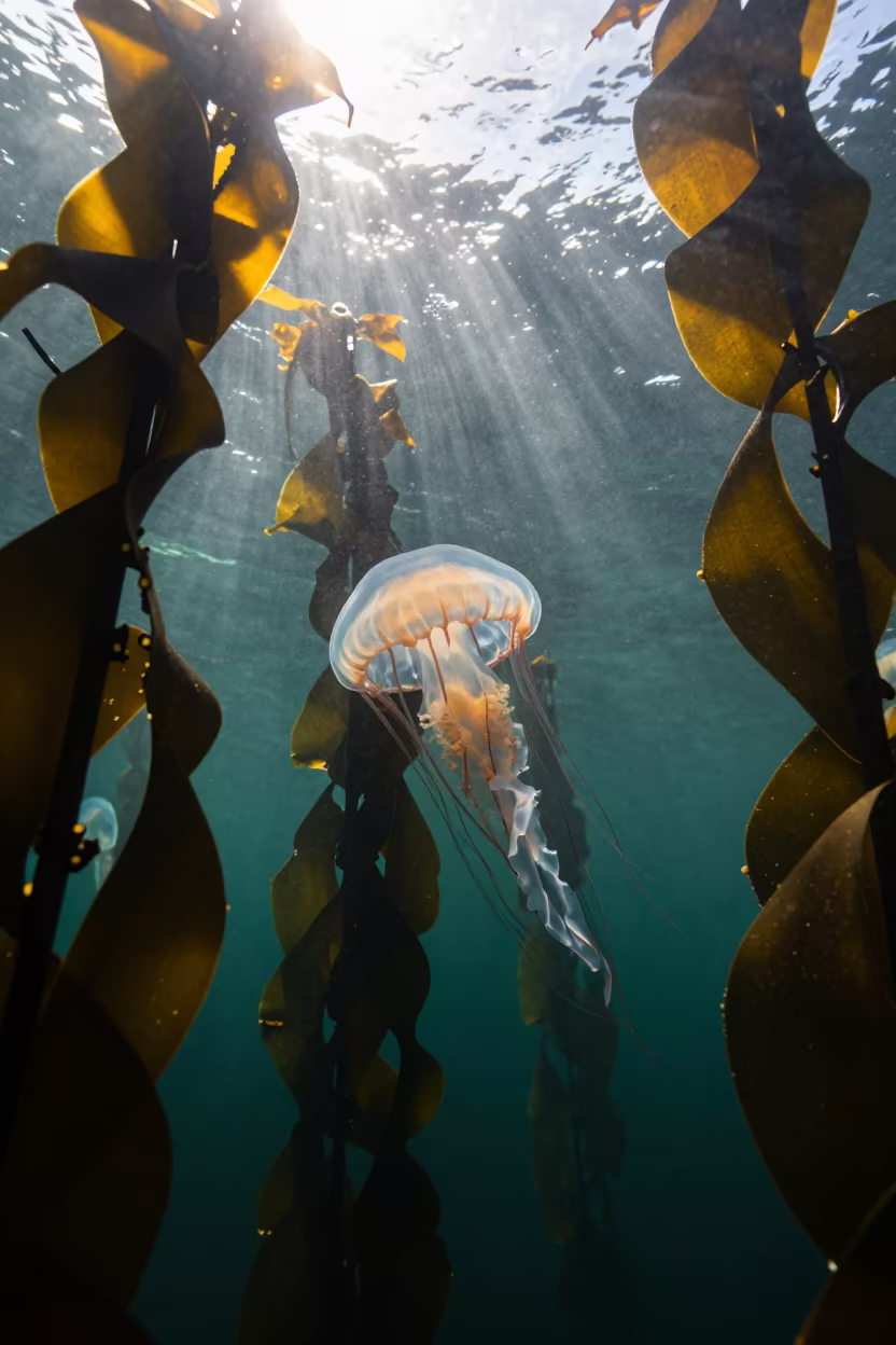 Moon Jellyfish Bloom Drifting Through Kelp Forest in through a forest of kelp fronds in Catalonia