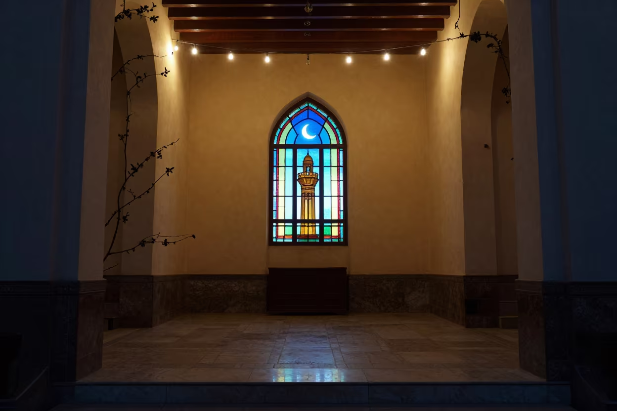 Moon and Minaret in Stained Glass Chapel in in a chapel lit by stained glass in Nouakchott