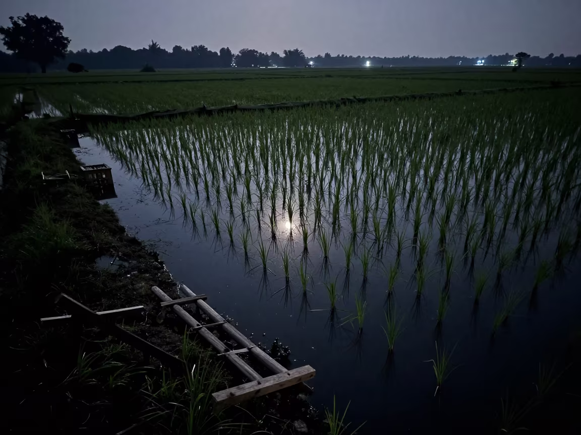 Moon Reflection in Flooded West Bengal Rice Paddy in among orchard ladders and crates in West Bengal