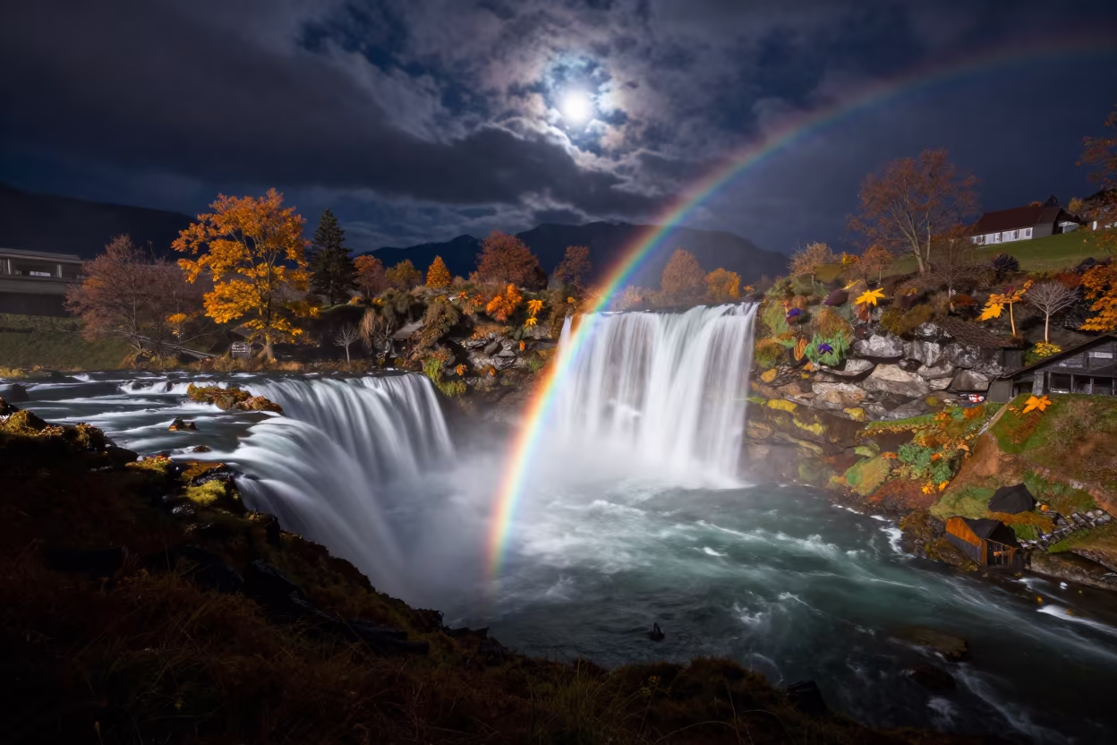 Moonbow Arc Over Swiss Waterfall Night in in Switzerland