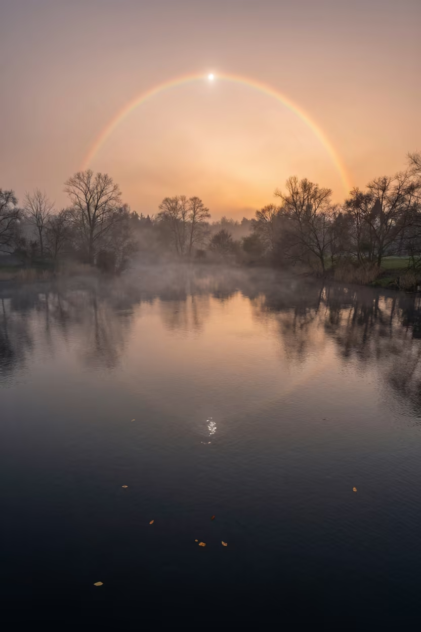 Moonbow Arch Over Lake in Dutch Fog in through low marine fog in Netherlands