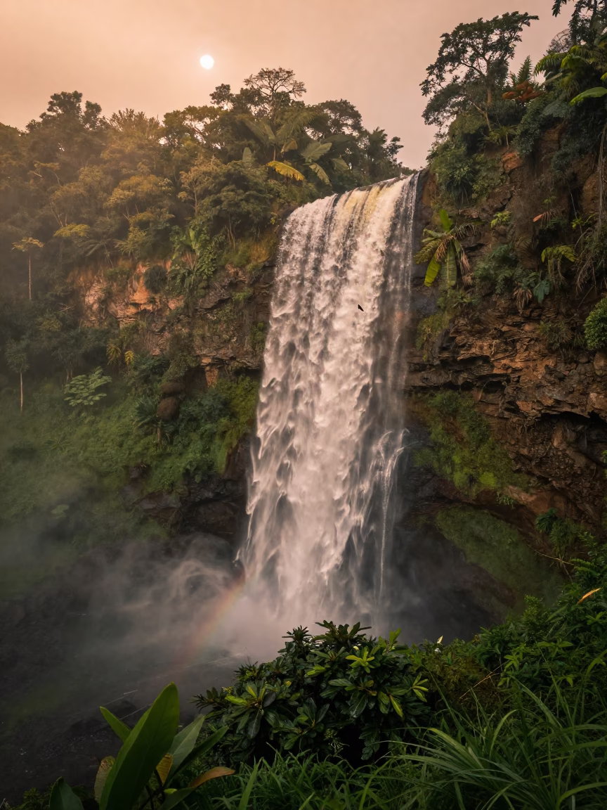 Moonbow Over Waterfall in Misty Jungle in near Mombasa