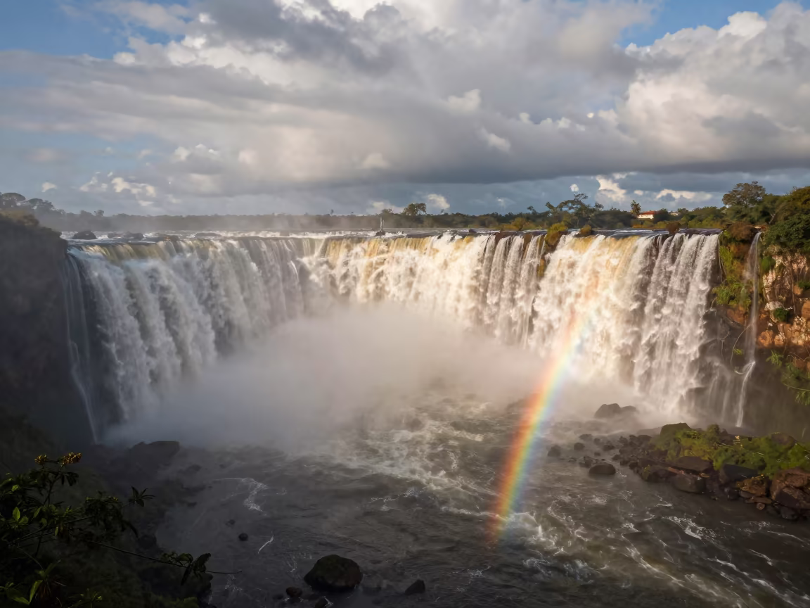 Moonbow Reflected in Mist Below Falls Recife in over a horizon of stacked thunderheads near Recife