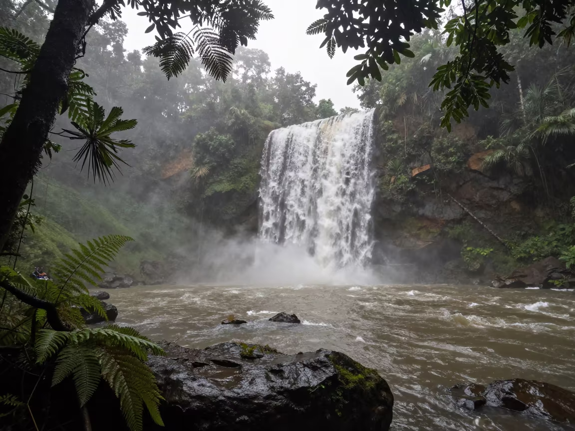 Moonbow Over Waterfall Misty Jungle Malaysia in through low marine fog in Malaysia