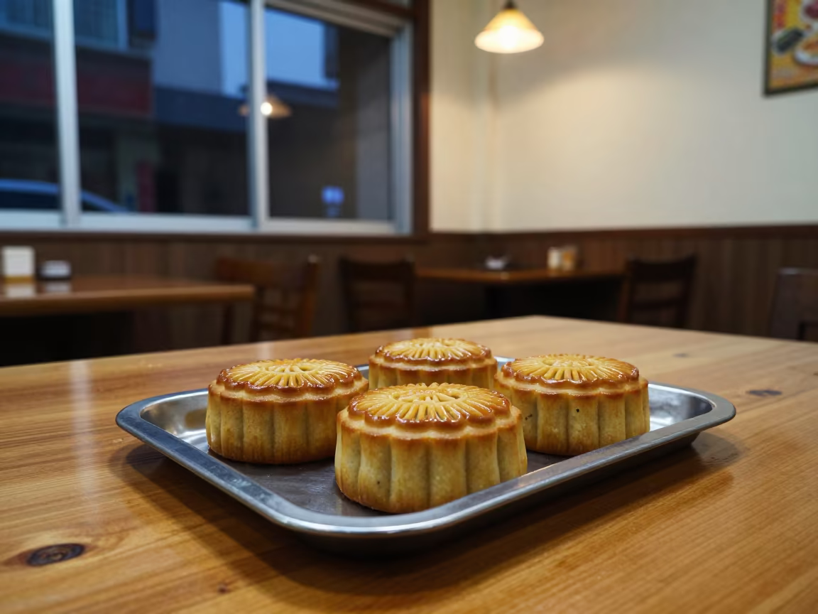 Mooncakes on Diner Table in Dalian Evening Light in at a roadside diner table in Dalian