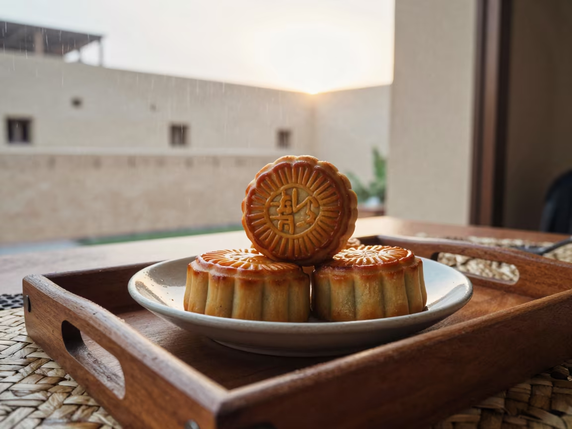 Mooncakes on Tea House Tray Al-Hajar al-Aswad in on a tea house tray in Al-Hajar al-Aswad