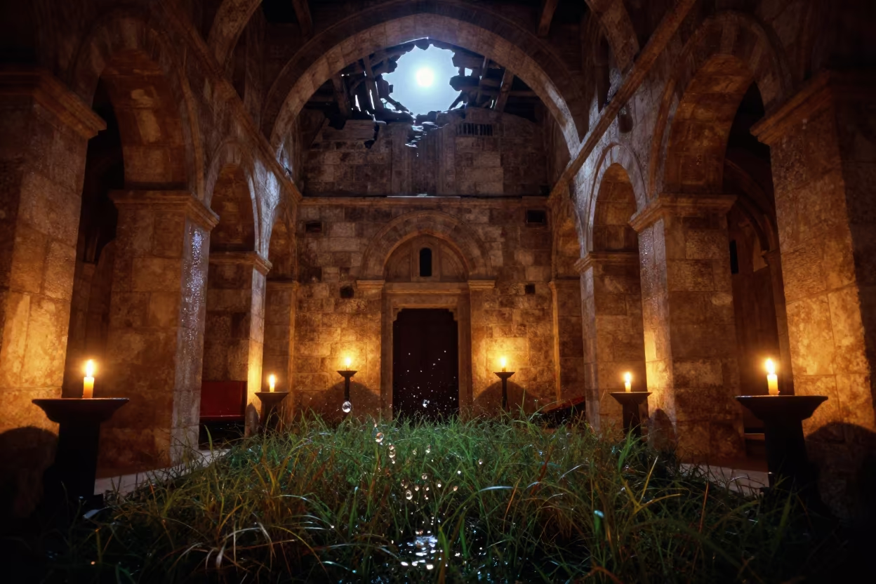 Moonlight Through Broken Abbey Roof on Wild Grass in inside a candlelit abbey nave in Alanya