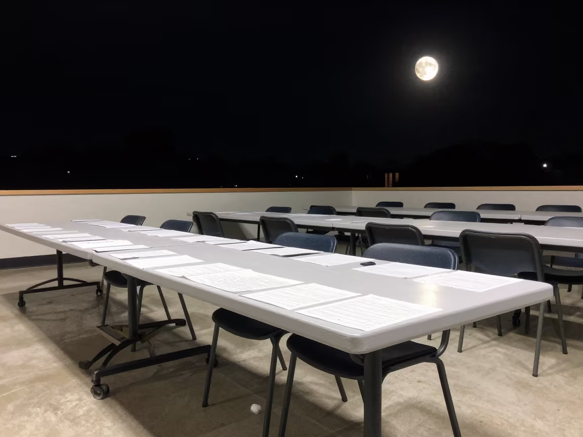 Moonlight Exam Hall Before Dawn in at a seminar table covered in notes near East Nashville, Nashville