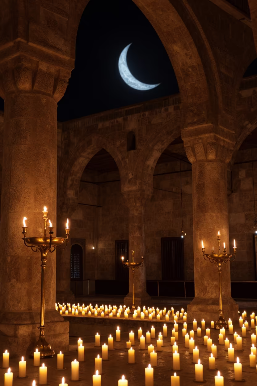 Moonlight Projected on Jeddah Minaret Nave Walls in inside a candlelit nave in Jeddah