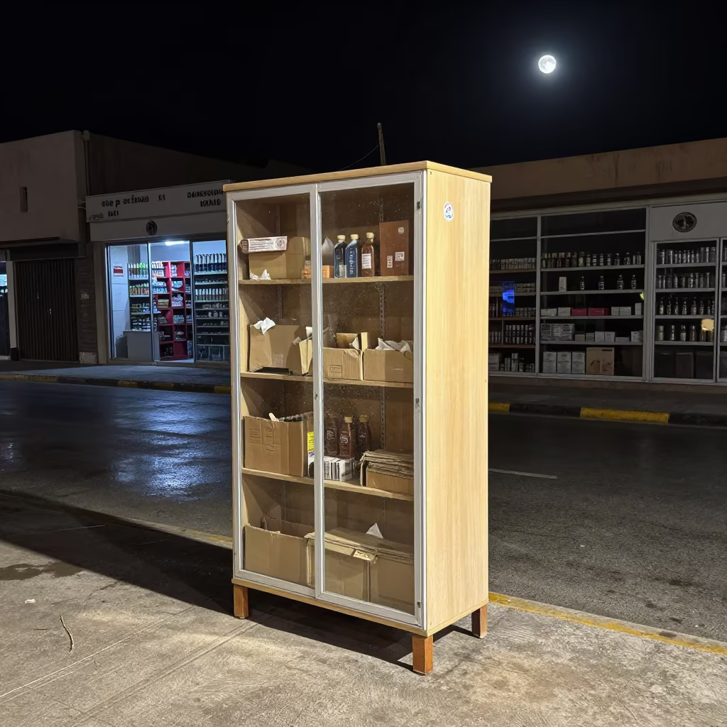 Moonlight Retail Display on Wet Street Benghazi in along a storefront glass line on a wet street near Benghazi