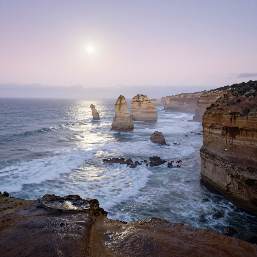 Moonlight Shimmering on Ocean Swells at Dawn in across a wide valley floor in Queensland