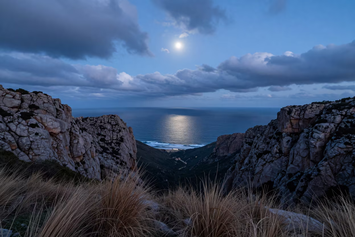 Moonlight Shimmering on Ocean Swells Sardinia in across a wide valley floor in Sardinia