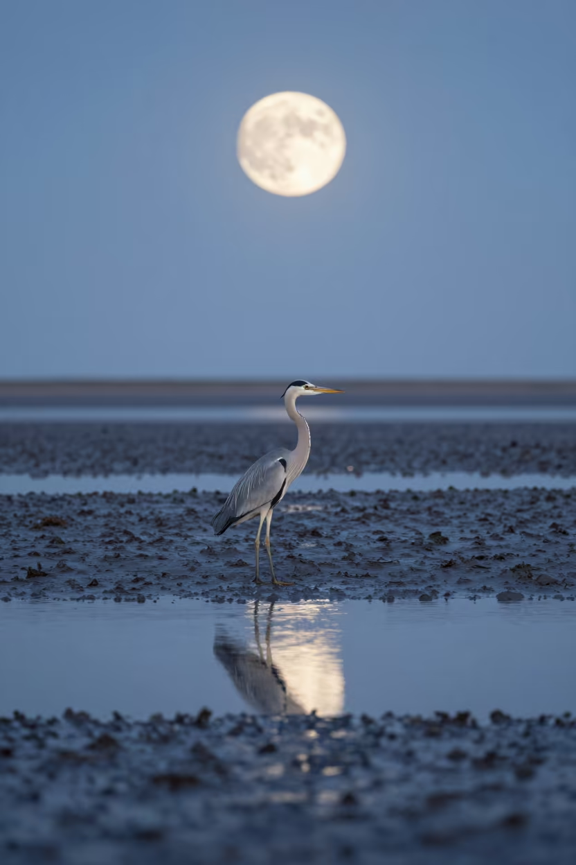 Moonlight on Tidal Mudflats with Heron in above a glacial stream near Pietermaritzburg