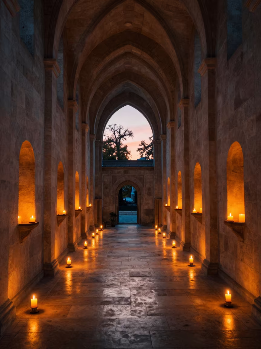 Moonlit Abbey Path Butter Lamps Timisoara in inside a candlelit abbey nave in Timisoara