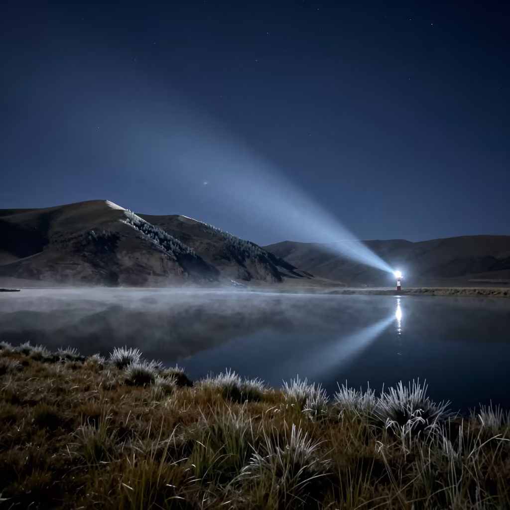 Moonlit Alpine Lake Reflecting Stars in from a frost-hushed ridgeline in Tibet