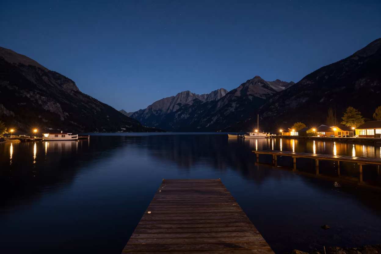 Moonlit Alpine Lake Star Reflection Sopocachi Harbor in beside a lantern-dotted harbor near Sopocachi, La Paz