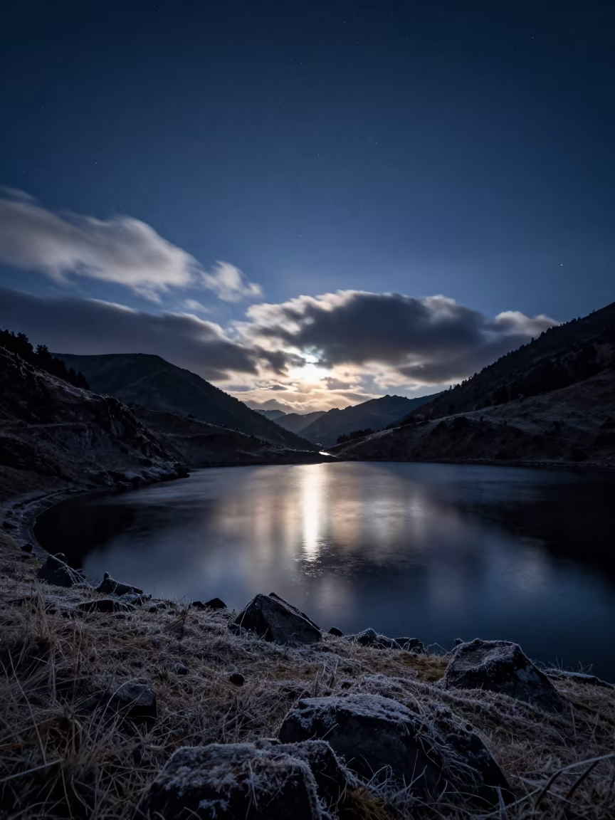 Moonlit Alpine Lake Stars Blue Hour Guapulo in from a frost-hushed ridgeline near Guapulo, Quito