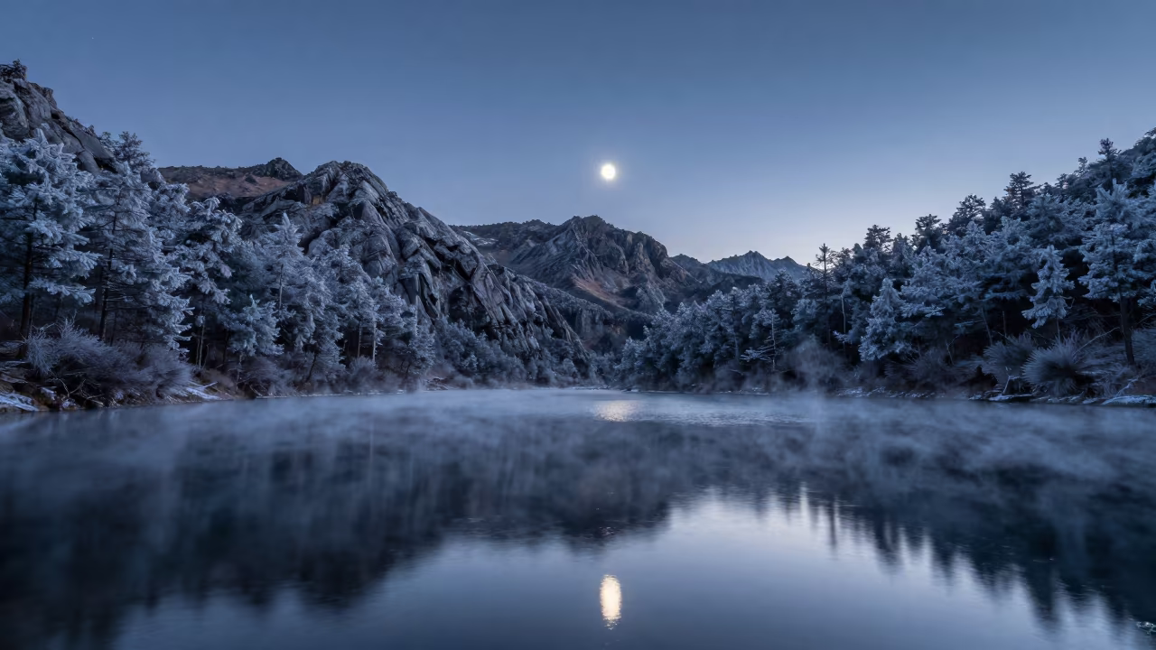 Moonlit Alpine Lake Stars Yunnan Dawn Mist in from a frost-hushed ridgeline in Yunnan