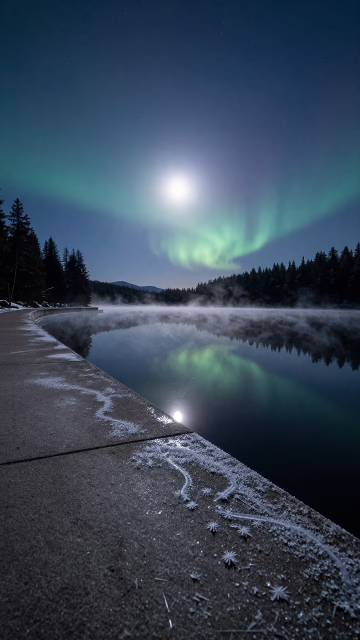 Moonlit Alpine Lake Winter Night Reflection in from a moonlit breakwater near Vancouver