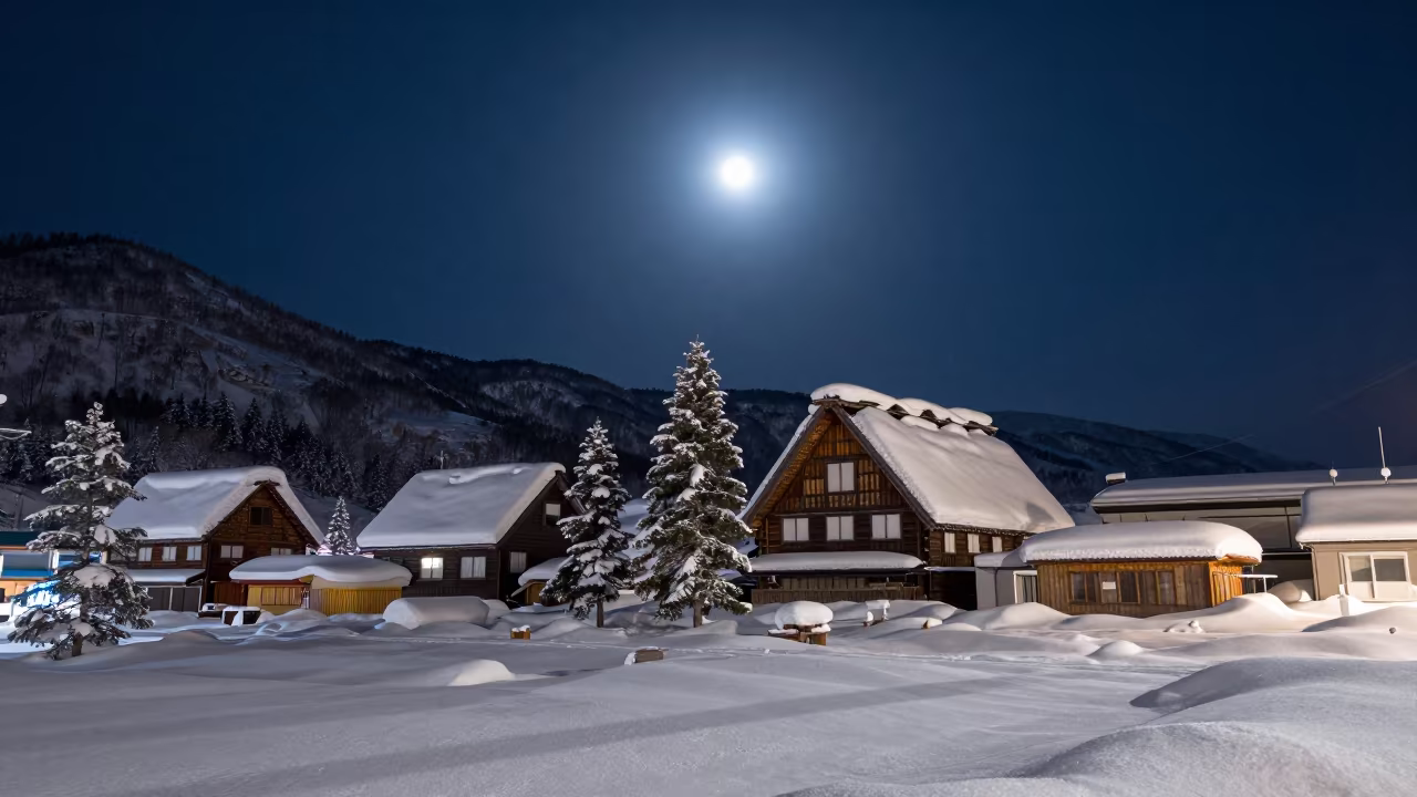 Moonlit Alpine Village Under Clear Night Sky in near Sapporo