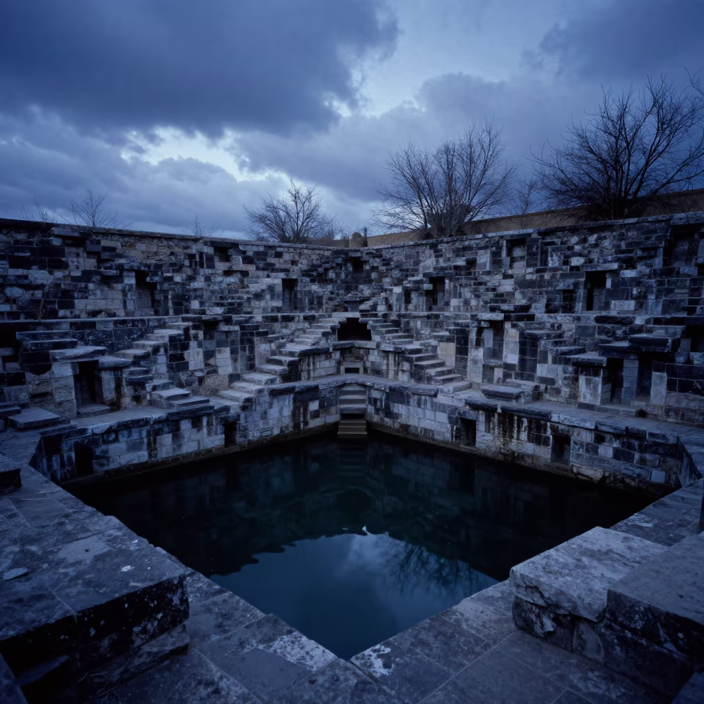 Moonlit Aragon Stepwell Blue Hour Water in beneath a dark-sky overlook in Aragon