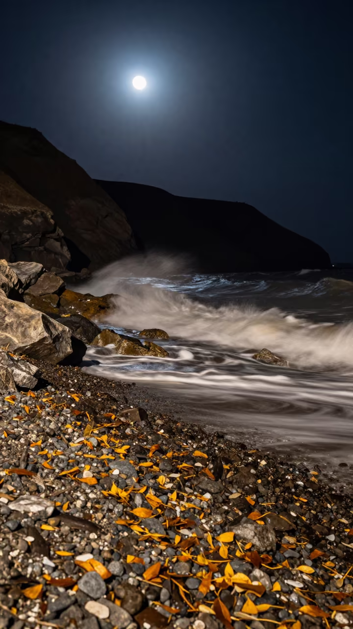 Moonlit Autumn Shoreline Waves Termez Ridge in from a ridge above layered foothills near Termez
