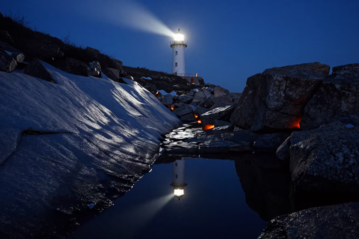 Moonlit Avalanche Chute with Lighthouse Sweep Light in from a quiet alpine saddle near Adana